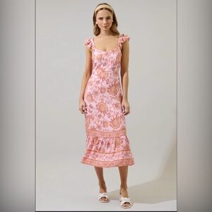 Sugarlips Zavey Floral Chantal Ruffle Smocked Midi Dress in pink Size Medium